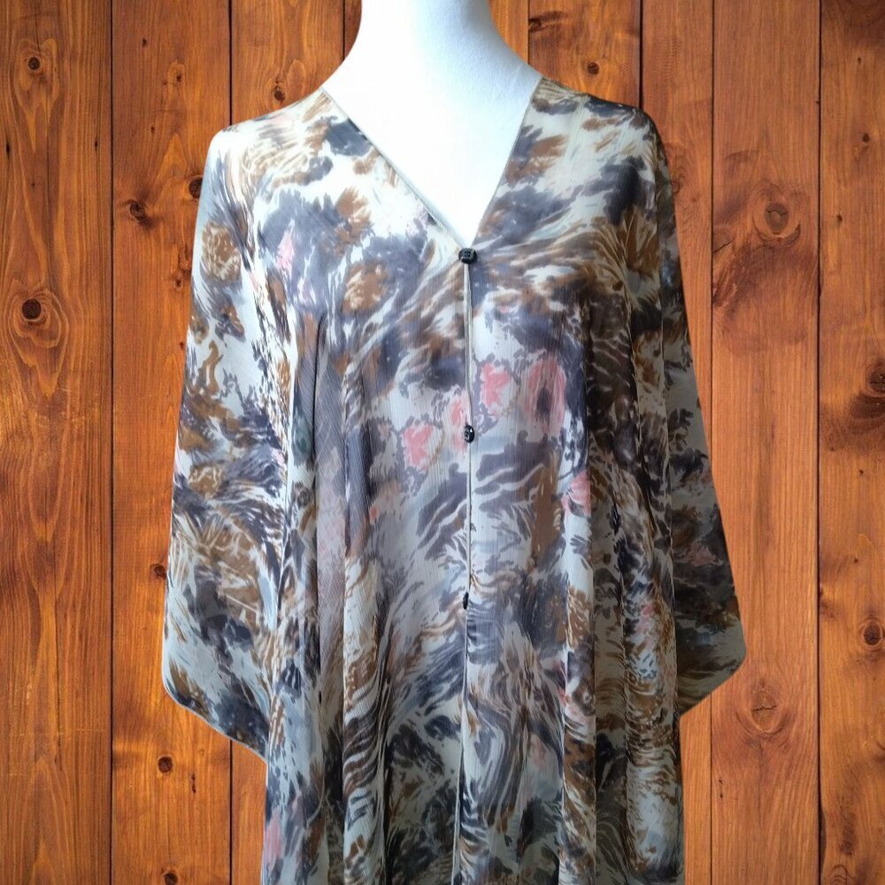 Sheer Floral Geometric Lightweight Cover Up Boho Button Accent - Picture 2 of 6